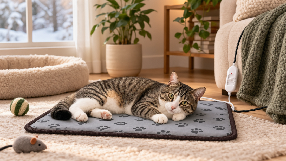 Cat resting on a gray paw-print electric heating pad in a cozy winter home