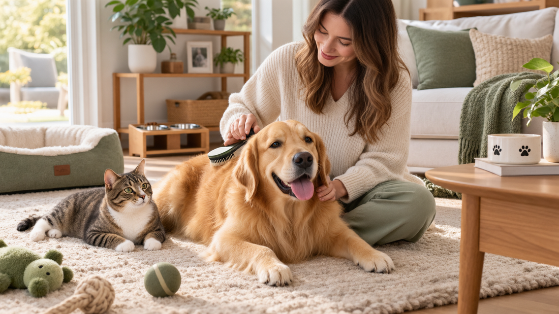 Pet parent gently grooming a dog while a cat relaxes nearby in a calm daily home routine