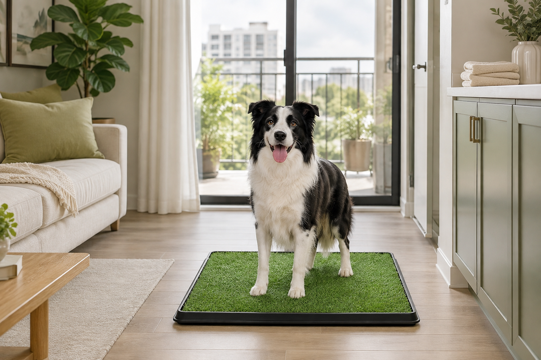 Dog using a reusable grass potty in a bright modern apartment