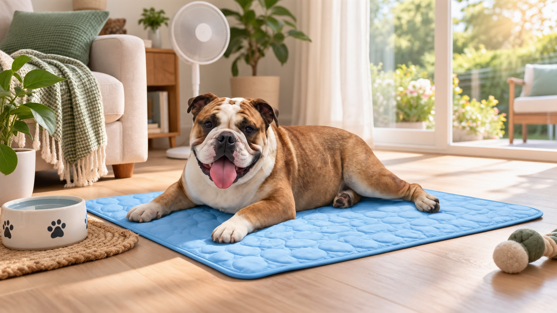 Dog resting comfortably on a blue cooling mat with fresh water and airflow on a warm day