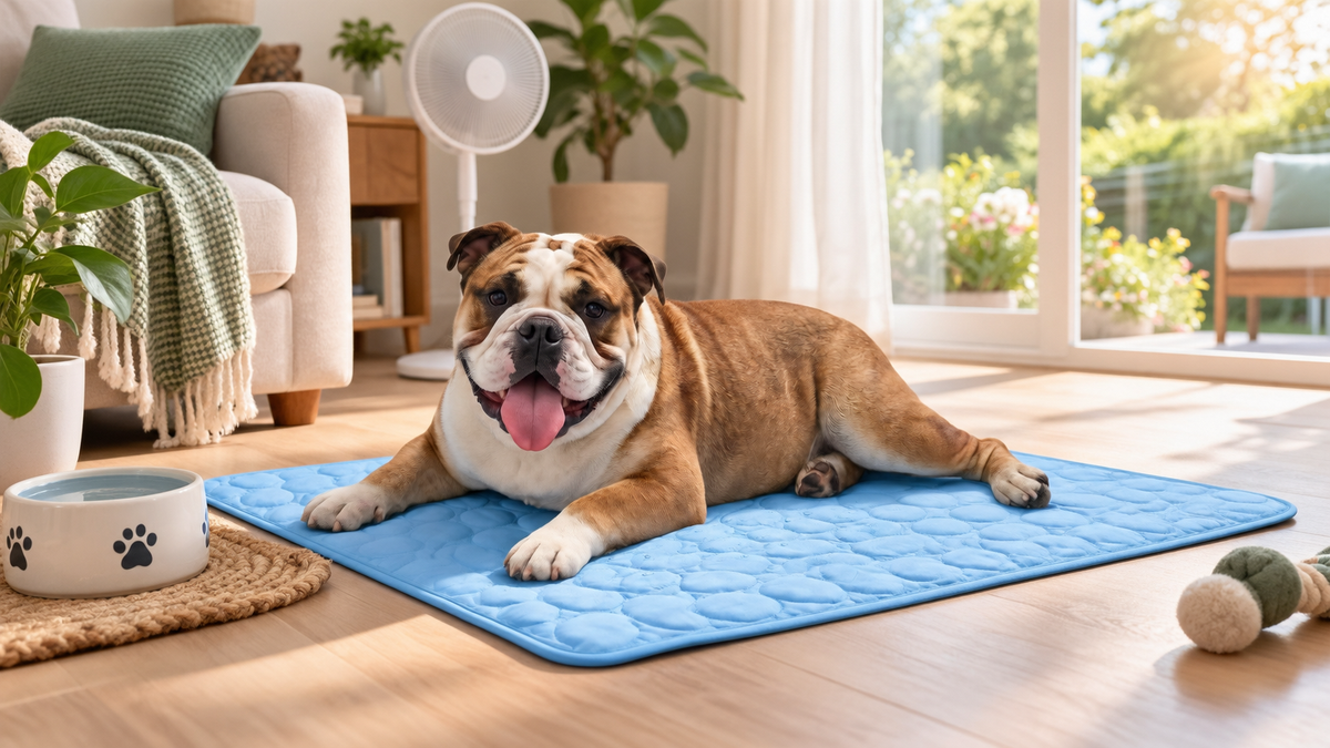 Dog resting comfortably on a blue cooling mat with fresh water and airflow on a warm day
