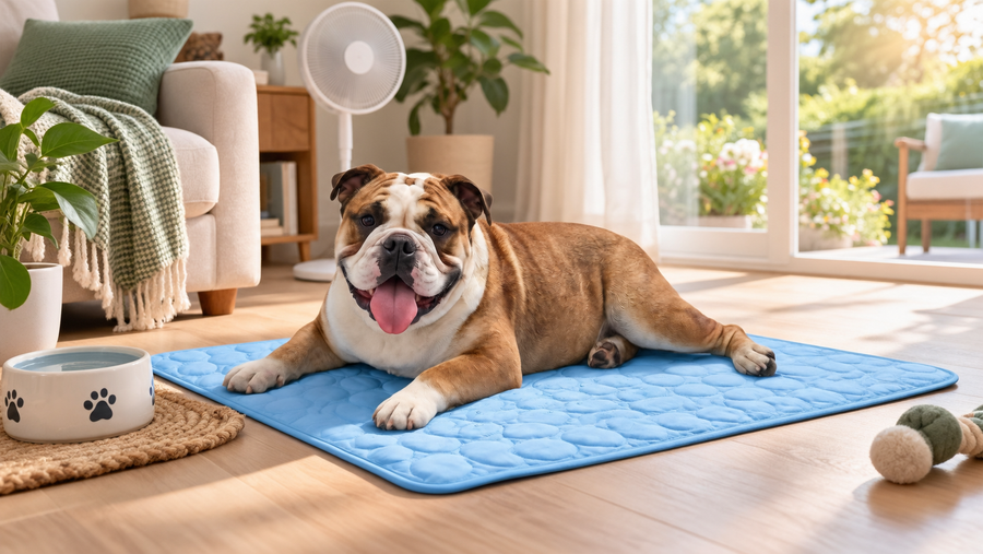 Dog resting comfortably on a blue cooling mat with fresh water and airflow on a warm day