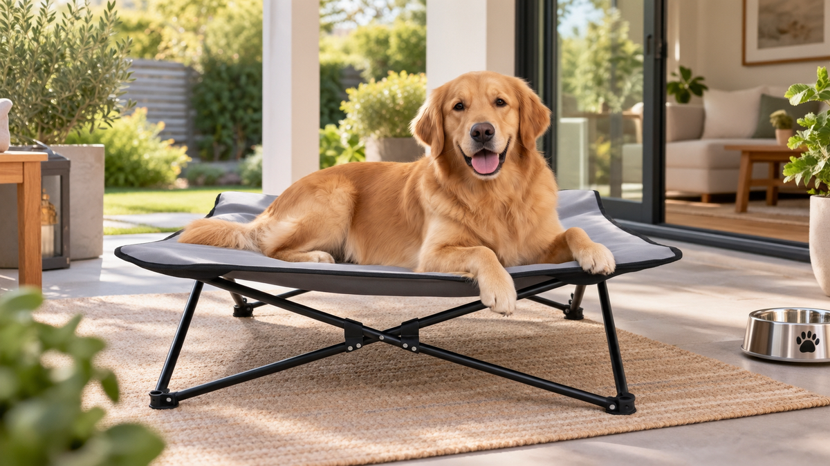 Large dog relaxing on a gray elevated dog bed in a bright shaded patio area