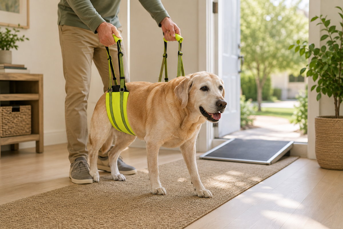Senior dog receiving light rear support from a padded mobility sling in a bright home