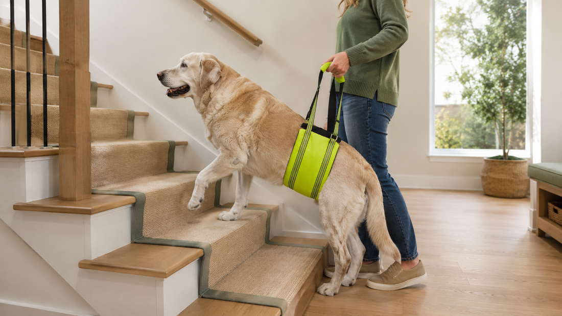 Owner gently supporting a large senior dog with a rear lift harness while climbing non-slip stairs