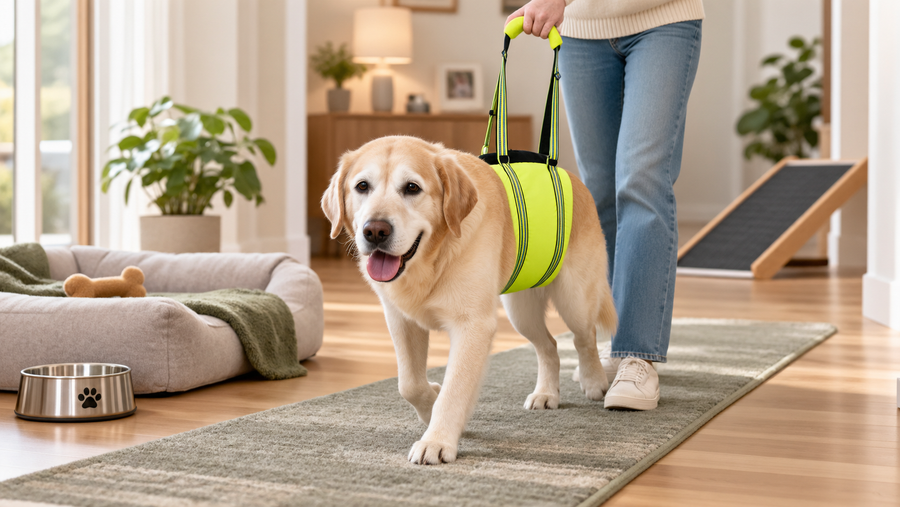 Senior dog receiving gentle rear support from a lift harness on a non-slip rug at home