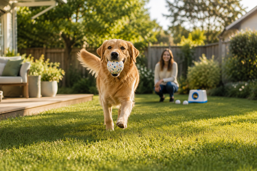 Golden retriever playing fetch in a sunny backyard with automatic ball launcher