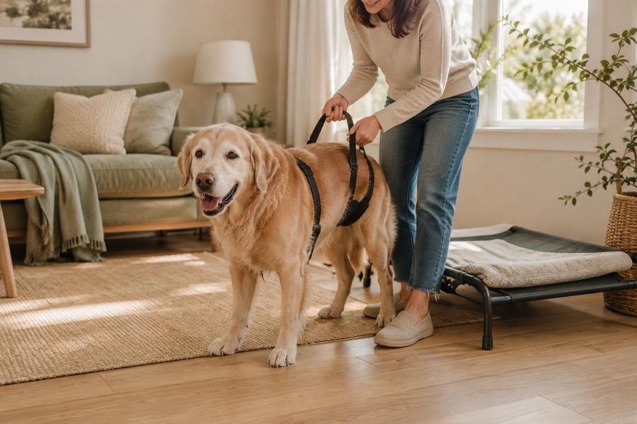 Senior dog supported with a mobility harness in a warm modern living room