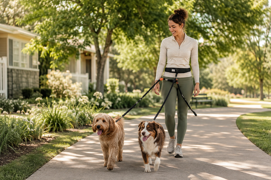 Pet owner walking two dogs hands-free on a neighborhood path