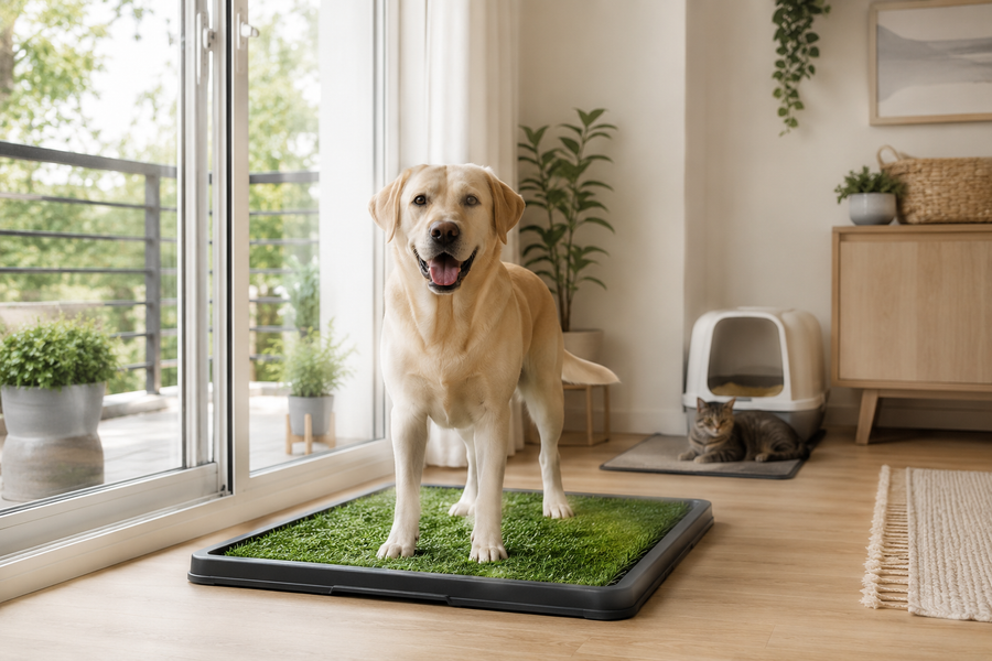Labrador beside indoor grass potty in a clean modern home