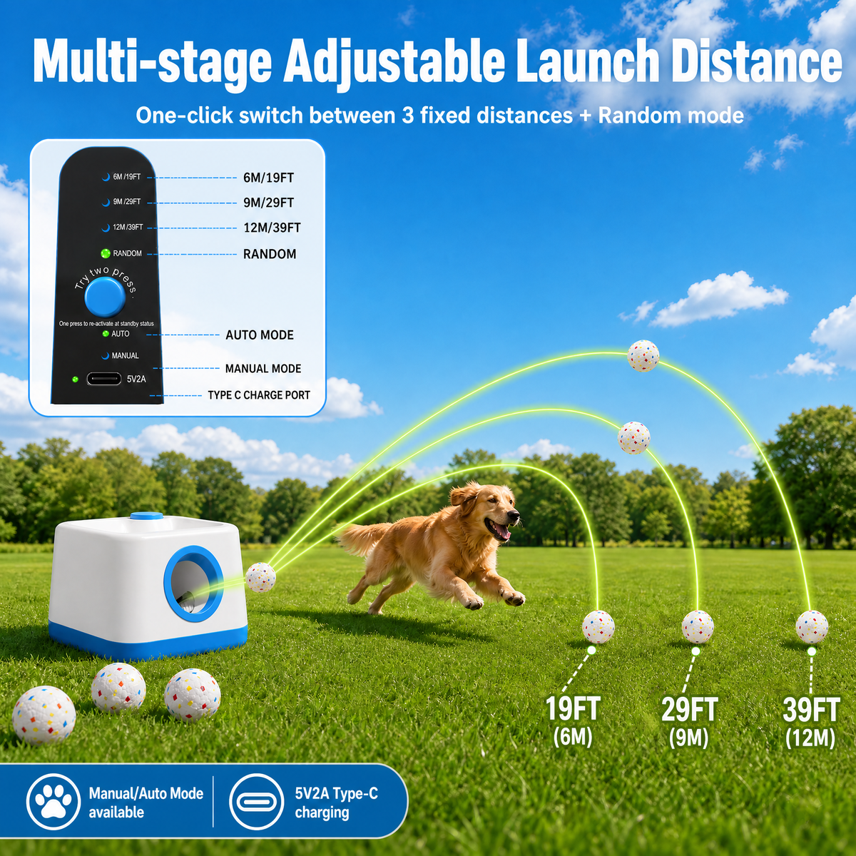 CyberPaws automatic dog ball launcher with 19 29 and 39 foot distance settings