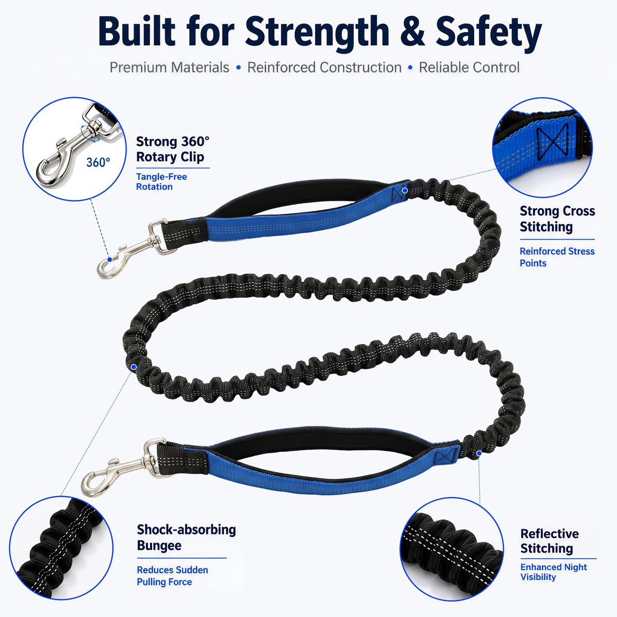 CyberPaws dual dog leash reinforced stitching and durable metal hardware details