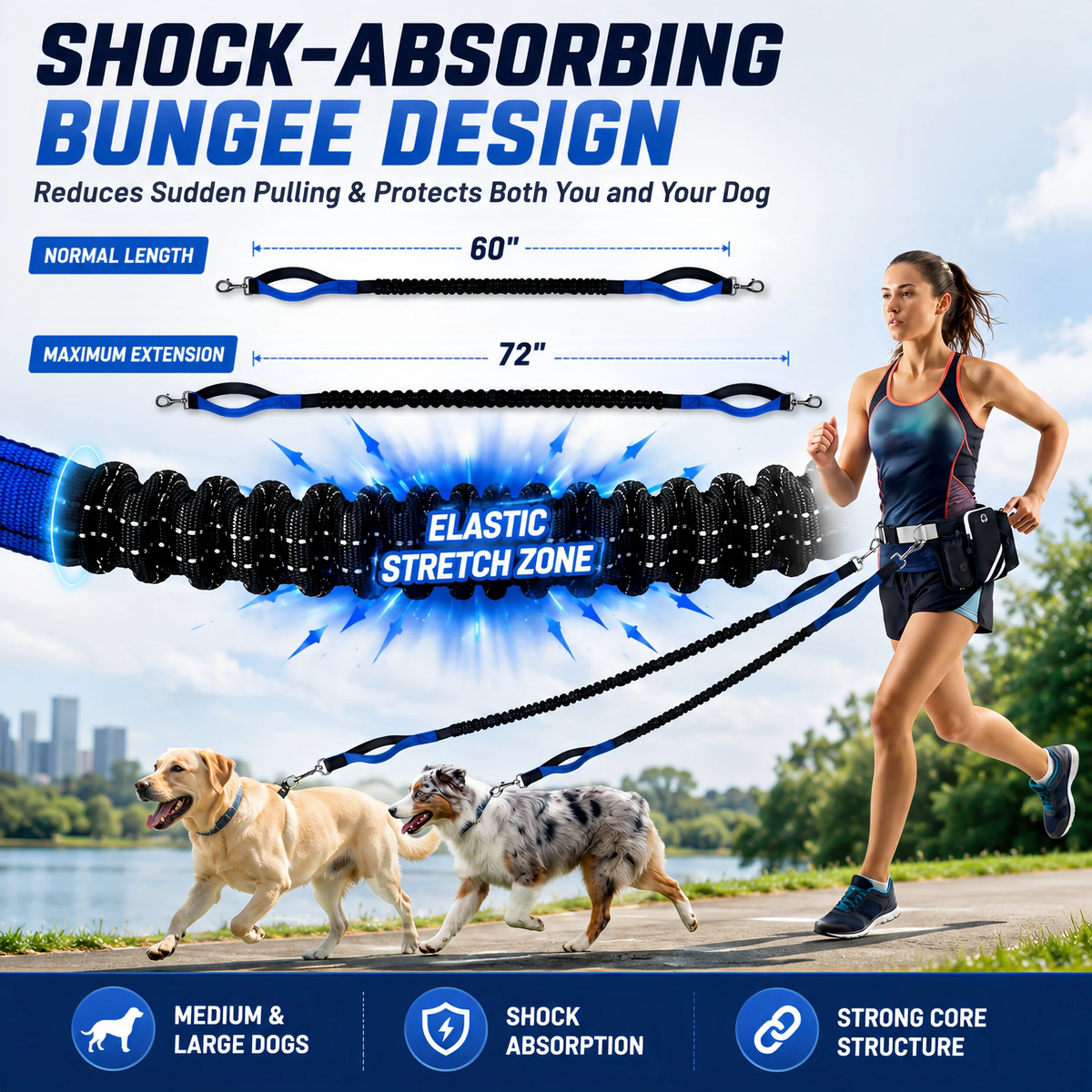 CyberPaws dual dog leash with shock-absorbing bungee sections for smoother walks