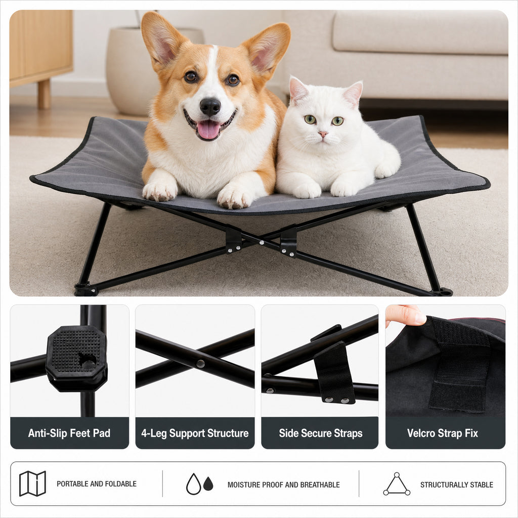 CyberPaws elevated dog bed reinforced folding frame and support details