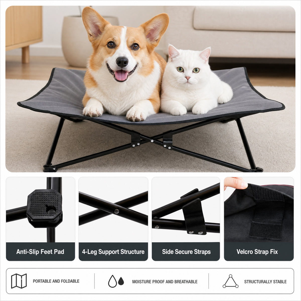 CyberPaws elevated dog bed reinforced folding frame and support details