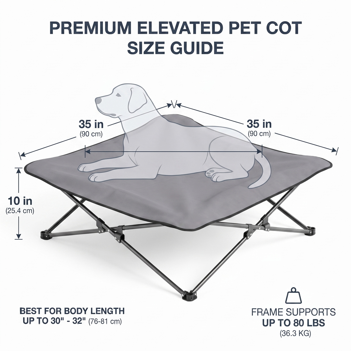 CyberPaws elevated dog bed 35 x 35 x 10 inches supports dogs up to 80 pounds