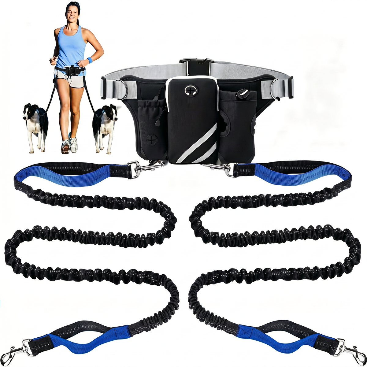 CyberPaws hands-free dual dog leash with waist bag and two shock-absorbing bungees