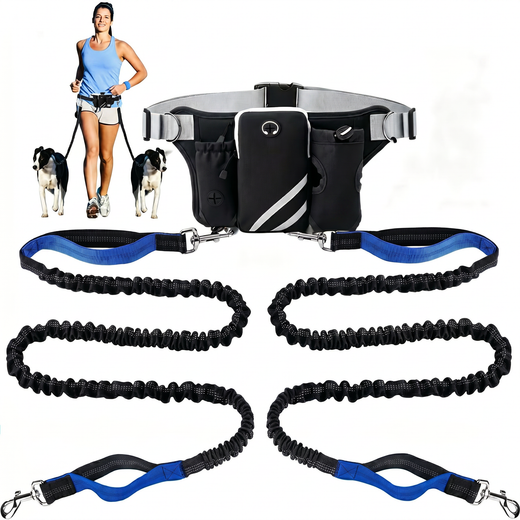 CyberPaws hands-free dual dog leash with waist bag and two shock-absorbing bungees
